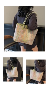 Detail of multi-color woven straw tote bag featuring lime green leather knotted handles