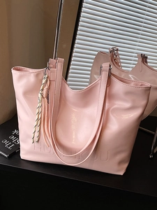 Women Large Capacity PU Leather Tote Bag Minimalist Solid Color Commuting Shoulder Bag Stylish Elegant Handbag With Pendant