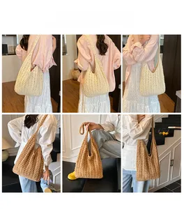 Detailed views of handmade hollow woven straw tote bags in beige and coffee colors