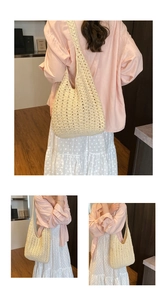 Detail view of cream crochet tote bag with intricate geometric hollow-out patterns