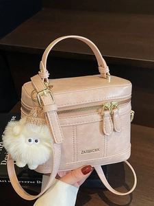 Women Korean Style PU Leather Box Crossbody Bag Niche Design Handheld Vanity Case Bag With Plush Sheep Charm Small Square Bag