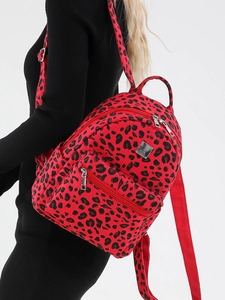 Red leopard print backpack for women with adjustable straps and front zipper pocket