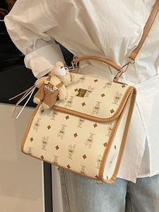 Sac à main vintage classique avec imprimé lapin et charmant pendentif ours en peluche