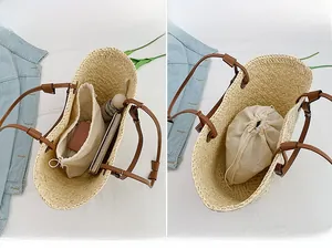 Detailed view of handmade woven straw tote with brown leather handles and drawstring liner