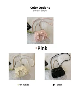 Detailed comparison of pink, beige and black bow crossbody bags with pearl chain handles