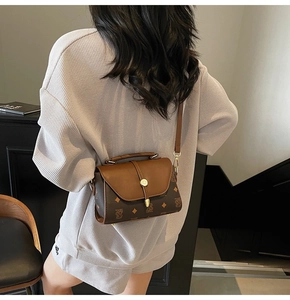 Detail showing vintage brown crossbody bag with retro print and golden metal buckle clasp