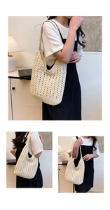 Detailed views of beige crochet tote bag with wave texture and fabric lining