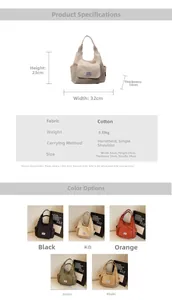 Detailed dimensions and five available color options for the canvas shoulder tote bag
