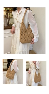 Detail of hand-woven crochet tote bag showing hollow mesh texture and wide shoulder strap