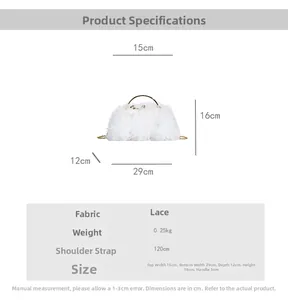 Detailed view of white lace dinner bag with golden ring handle and 120cm chain strap