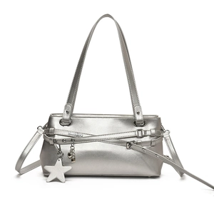Chic silver metallic PU small square handbag with star charm and heart lock detail