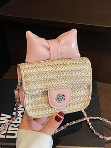 Forest Style Straw Woven Mini Crossbody Bag For Women Girls Cute Bow Knot Square Purse With Flower Buckle Chain Strap