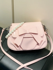 French Sweet Style Women Bow Crossbody Bag PU Leather Flap Small Shoulder Bag With Artificial Pearl Chain Daily Party Fashion Bag