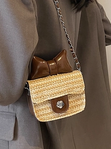 Mini straw crossbody bag with brown bow and camellia metal buckle for women