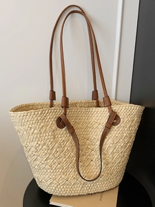 Women Straw Woven Tote Bag Large Capacity Casual Beach Vacation Handbag With Leather Straps Minimalist Basket Bag For Summer