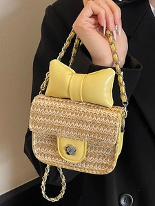Fashionable mini straw bag for girls with yellow leather bow and chain strap