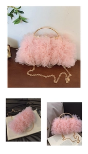 Detailed view of pink lace mesh handbag with golden metal handle and fine chain strap