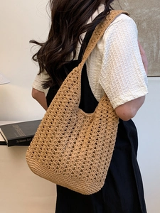 Minimalist crochet woven tote bag in khaki with a hollow knit design for casual beach style