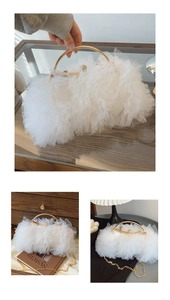 Detail of white lace mesh evening bag featuring ruffled layers and gold metal handle