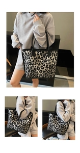 Detailed views of leopard print tote bag with plush texture and black straps