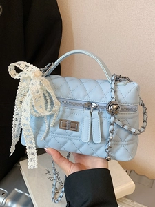 Korean Sweet Rhombic Quilted PU Leather Chain Handbag With Lace Artificial Pearl Bow Charm Crossbody Small Square Bag For Women