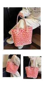Detail view of pink leopard print canvas tote bag with woven handles shown in multiple angles