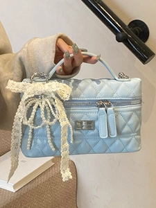 Light blue quilted leather handbag with pearl charm and lace bow for women