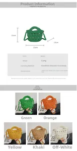 Detail view of woven handbag sizes and a five-color display with crossbody straps