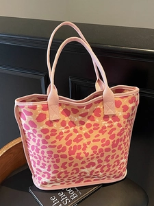 Fashion Leopard Print Canvas Tote Bag For Women Large Capacity Shoulder Bag Casual Contrast Color Commuter Handbag Printed