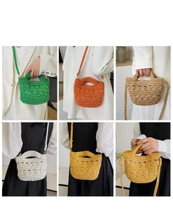 Multiple views of woven crochet handbags in various colors shown as a crossbody and tote