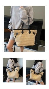 Detail of contrast straw tote bag featuring black leather trim and drawstring side closure