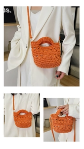 Detailed macro view of orange hand-woven crochet bag with thick braided shoulder strap