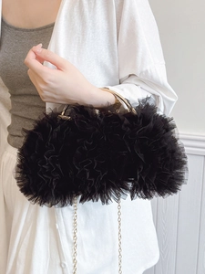 Elegant black lace ruffle evening bag with gold ring handle and chain strap crossbody