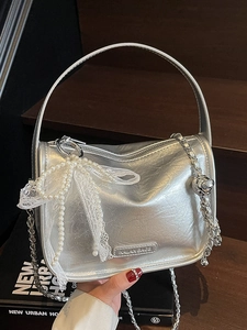 Women Fashion PU Leather Crossbody Bag Sweet Lace Artificial Pearl Bowknot Decor Chain Handbag For Daily Commute Urban Shoulder Bag