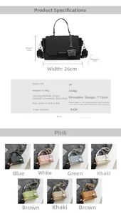 Detailed size chart of the PU leather handbag showing dimensions and available colors