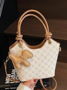 Sac Seau pour Femme en Cuir PU avec Imprimé Monogramme Poignée Nouée et Charme de Chien Sac à Main Décontracté Vintage