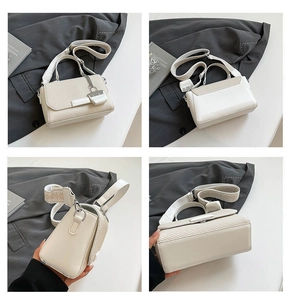 Detailed views of beige crossbody bag with woven texture, wide strap and side profile