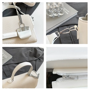 Detailed views of the white woven handbag with mini charm and adjustable strap hooks