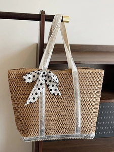 Sac Fourre-tout en Paille Grande Capacité Avec Détail de Paillettes Brillantes Et Nœud en Satin à Pois Sac à Épaule Plage Femme