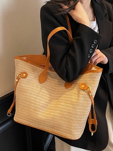 Large capacity woven straw tote bag with orange leather trim for summer commute