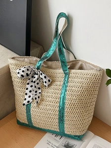 Sac fourre-tout en paille avec paillettes vertes et nœud à pois pour plage et vacances