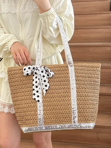 Sac fourre-tout en paille avec paillettes argentées et nœud en ruban à pois mode