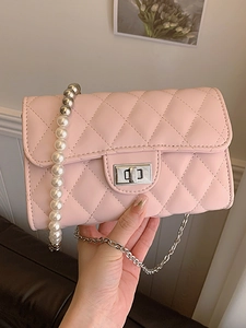 Sac à Bandoulière Carré Matelassé Élégant Chaîne en Künstliche Perles Cuir PU Sac Besace Femme Mode Petit Sac à Main Avec Verrou Argent