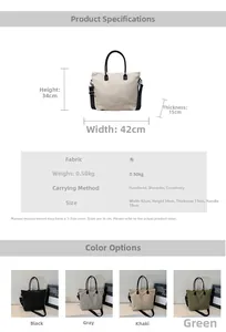 Tableau des tailles détaillé et options de couleurs pour le grand sac fourre-tout