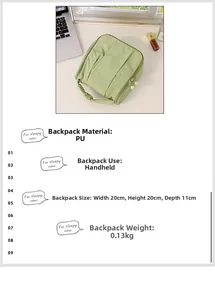 Detailed dimensions of light green pleated PU handbag with pearl zipper and top handle