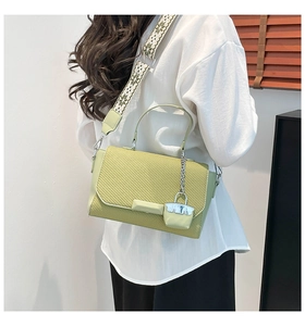 Detail of light green bag with woven texture lid and ethnic style embroidered strap