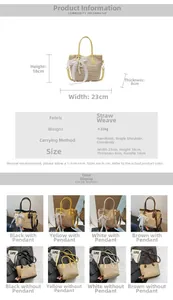 Detailed size specifications for woven bucket bag with leather handles and pearl pendant