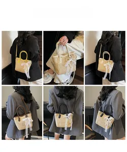 Collage of four color straw bucket bags with delicate lace bows and pearl charms