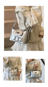 Détails du sac seau argenté Y2K avec fermoir tournant métallique et rivets décoratifs