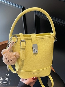 Korean Style Simple PU Leather Bucket Bag For Women Fashion Solid Color Handbag With Plush Bear Pendant Crossbody Bag Daily